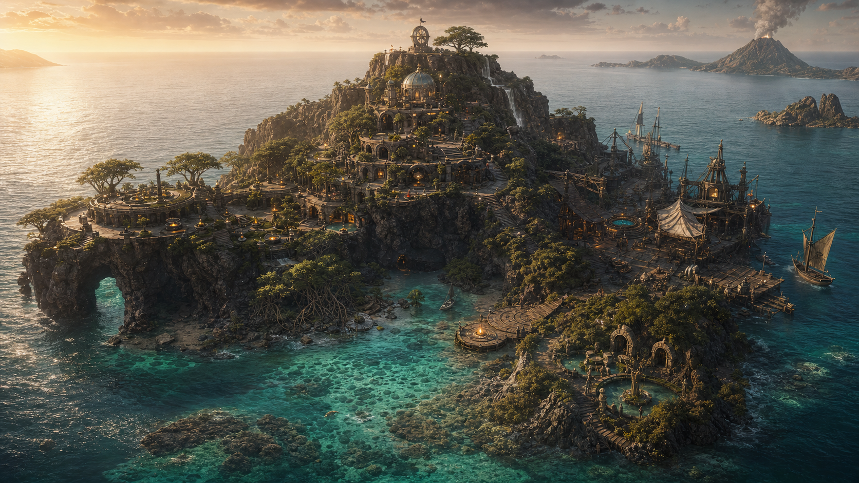 High-fidelity isometric concept art of Bellwether Island