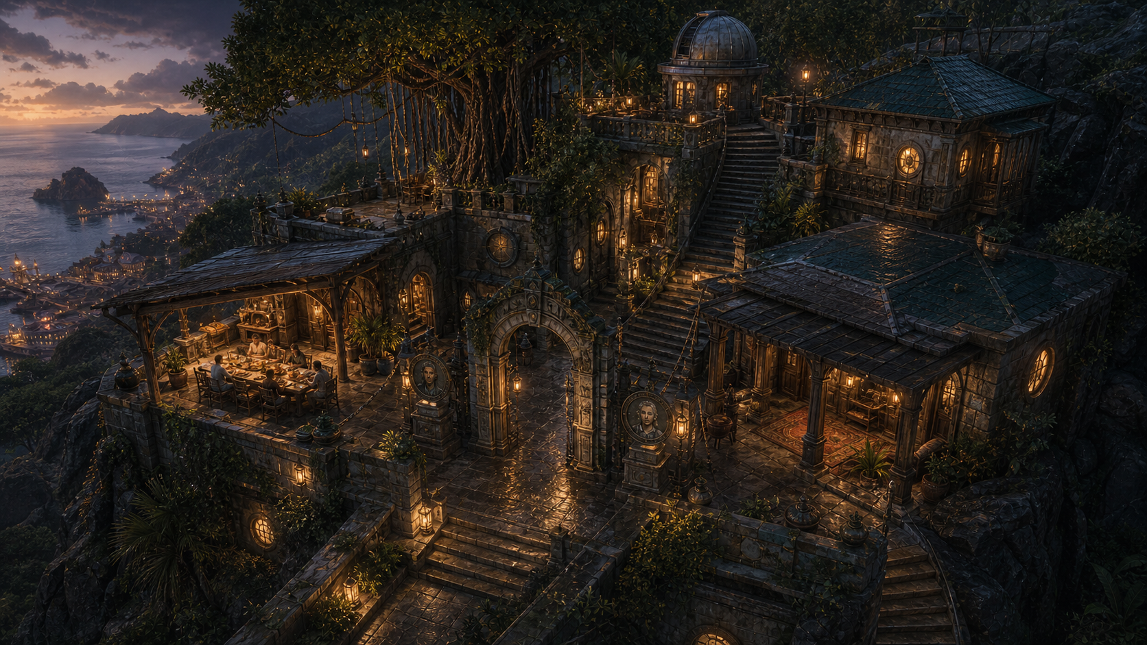 High-fidelity isometric concept art for The Lantern — Exterior