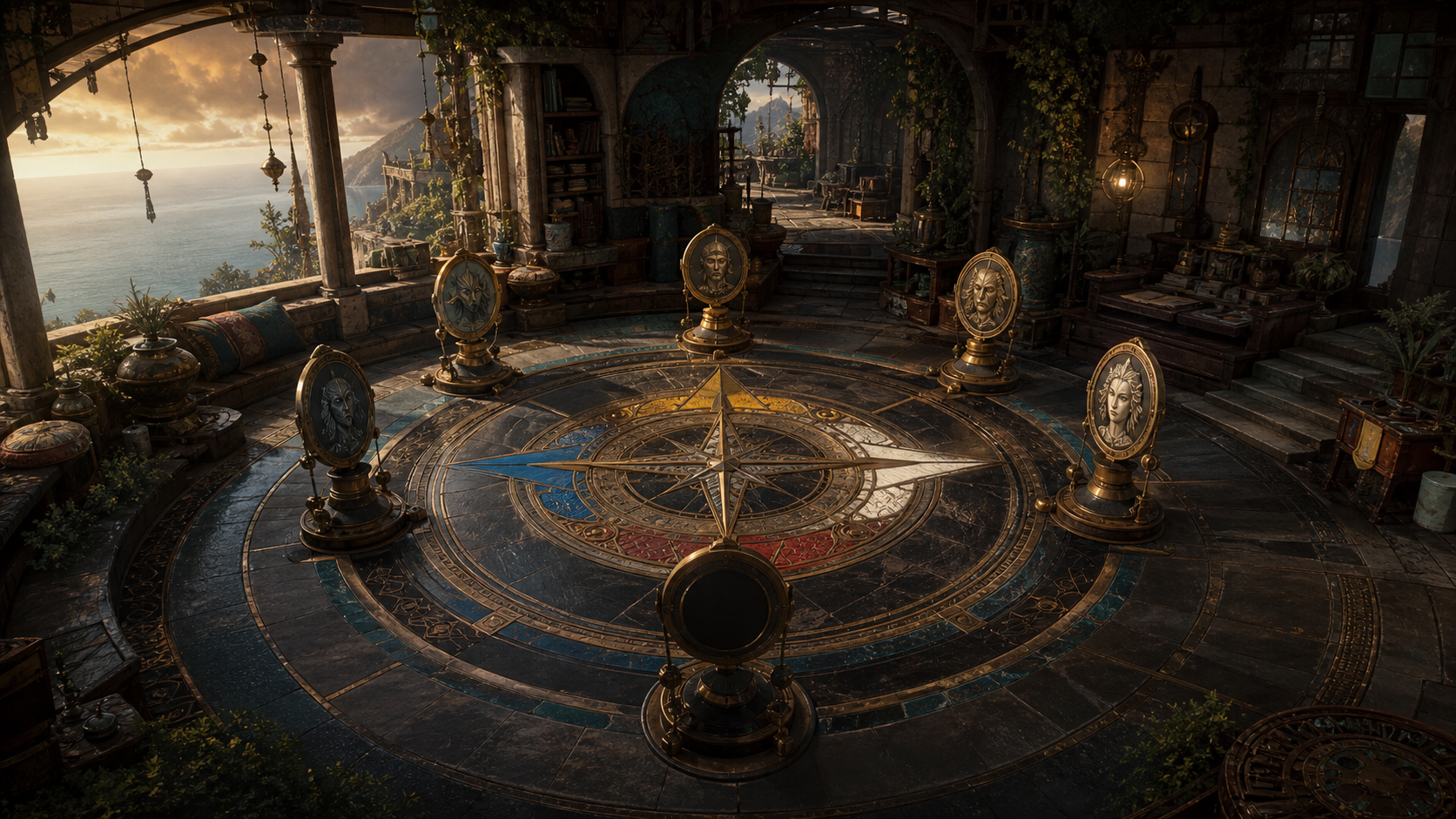 High-fidelity isometric concept art for Compass Rose State Sequence