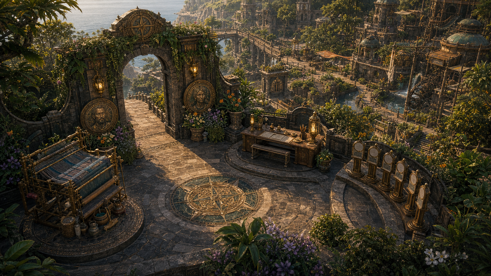 High-fidelity isometric concept art for The Apiary Entrance