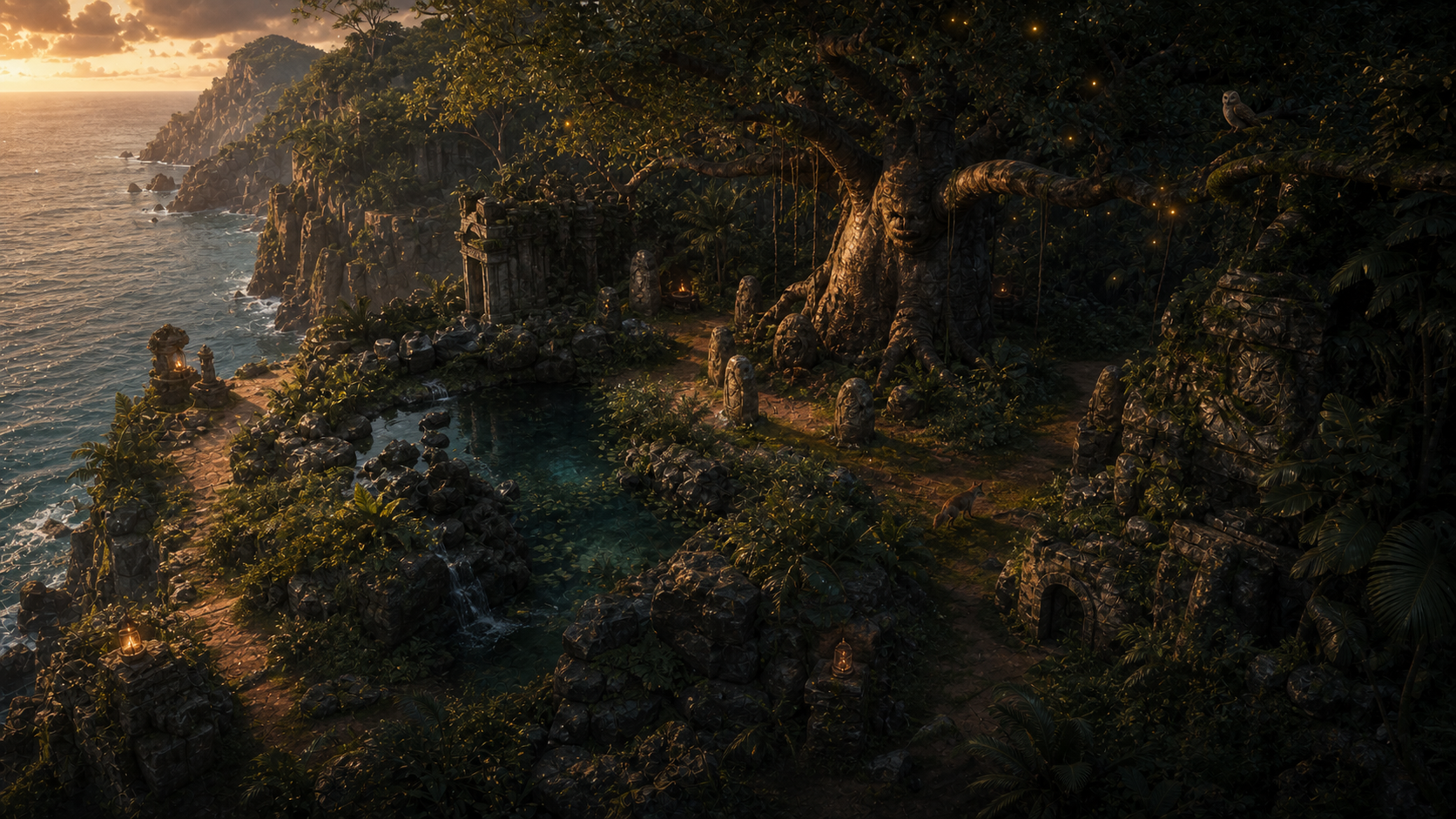 High-fidelity isometric concept art for The Grove & Wild Island