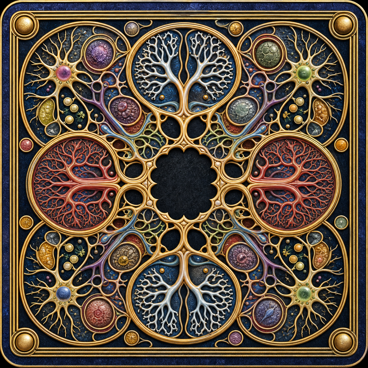 The Whole card back: a symmetrical enamel field of vessels, nerves, cells, and a central chamber