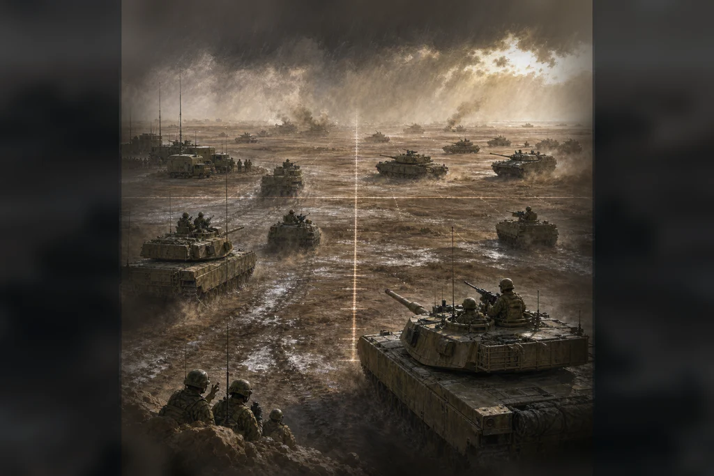 The 73 Easting landscape card showing armored formations divided by a map grid line