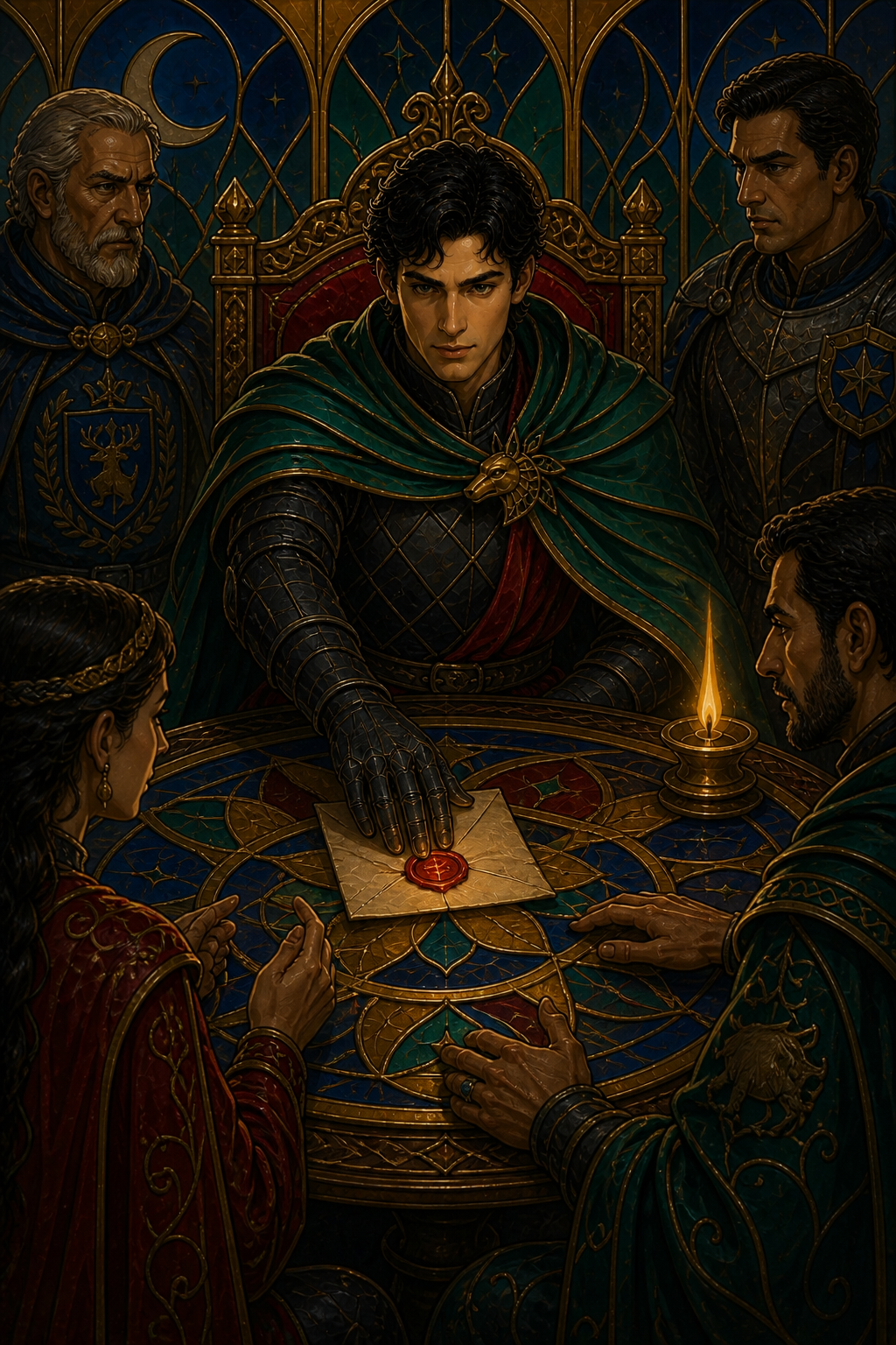 Four medieval rivals gather around an enamel gaming table